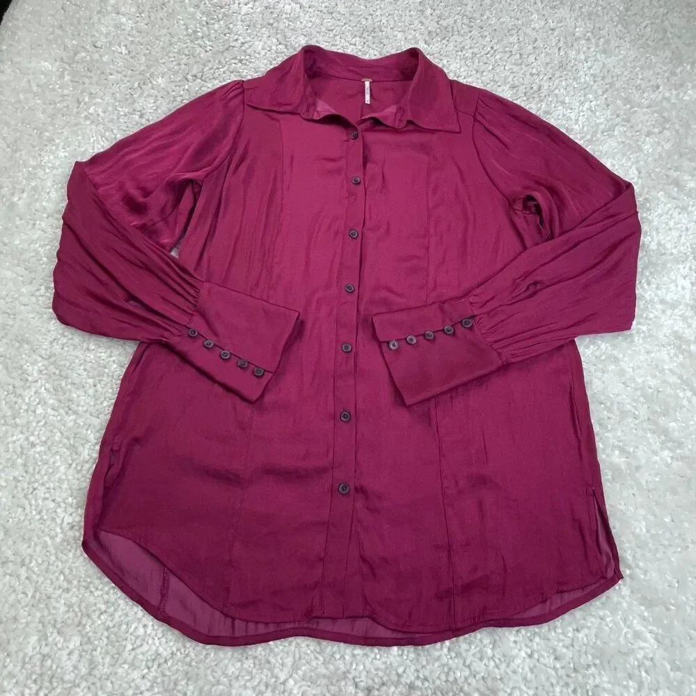 Free People Lala Button Up Long Sleeve Shirt Magenta Red